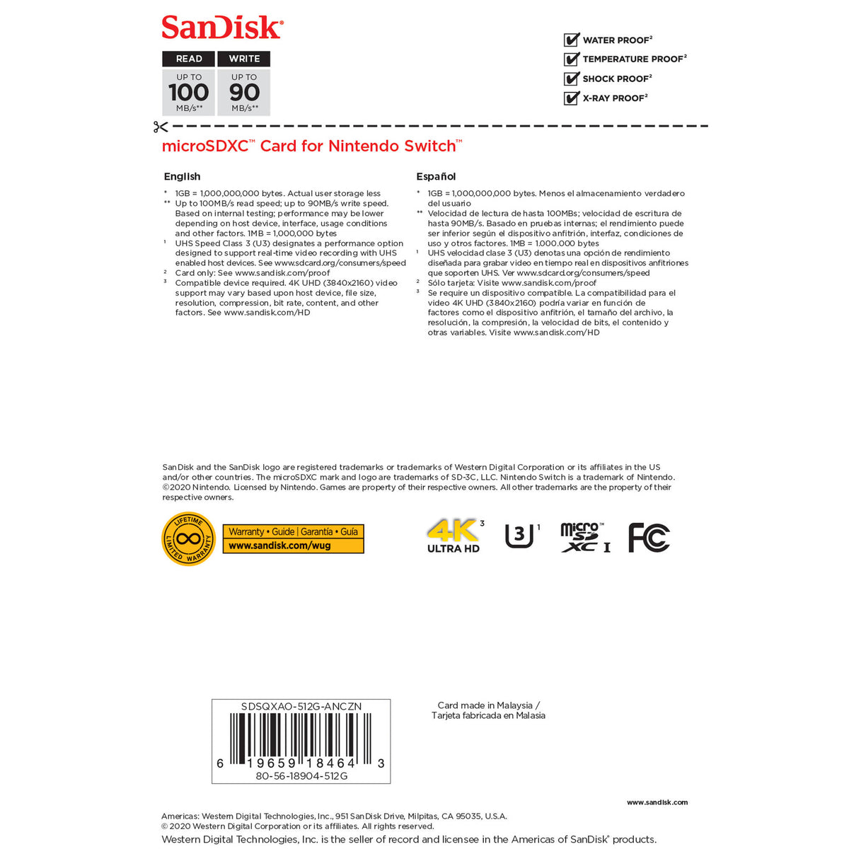 Tarjeta SanDisk 512GB UHS-I microSDXC para the Nintendo Switch - vista lateral