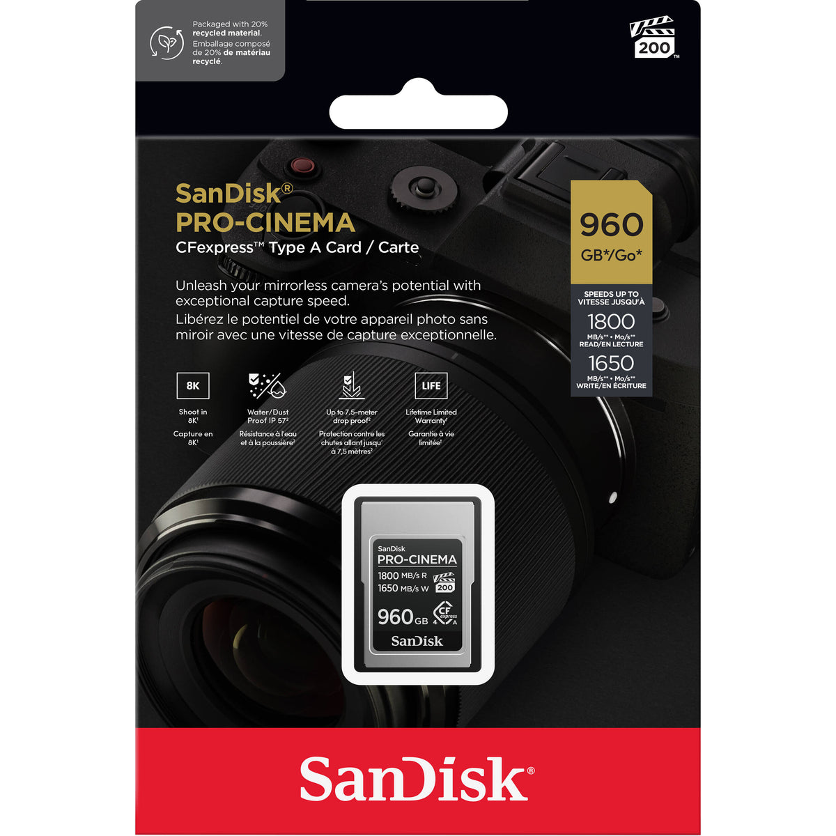 Tarjeta SanDisk 960GB PRO-CINEMA CFexpress Type A - vista lateral