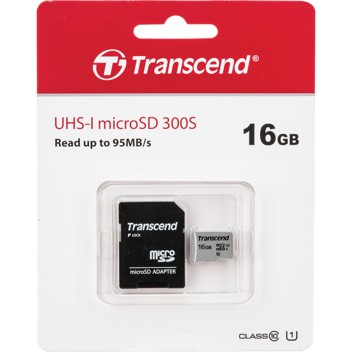 Tarjeta Transcend 16GB 300S UHS-I microSDHC con SD Adapter - vista frontal