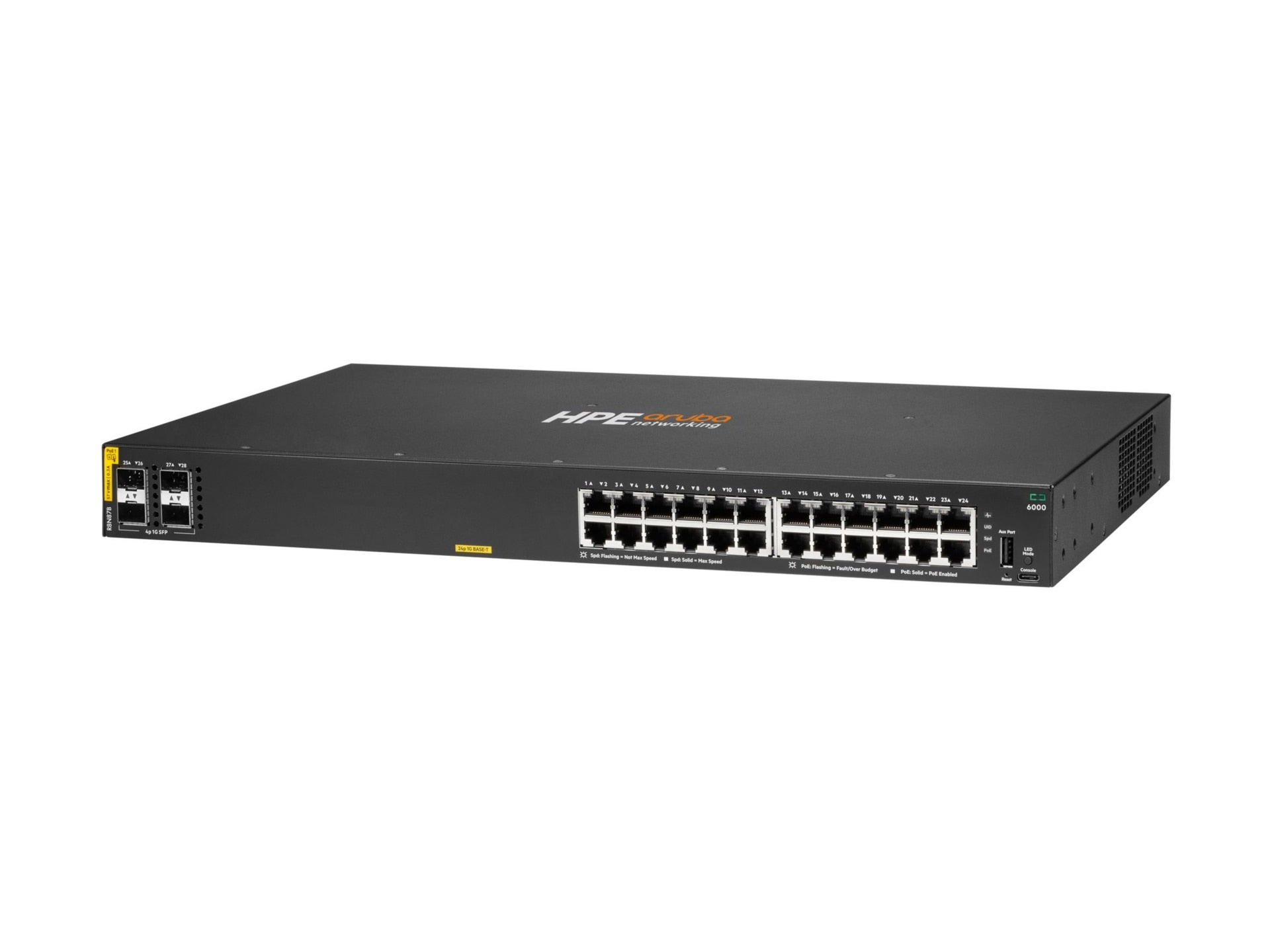 Transceptor de Red HPE Aruba Networking CX 6000 24p 10M/100M/1G Class4 PoE 4p SFP 1G 370W Switch - vista 1