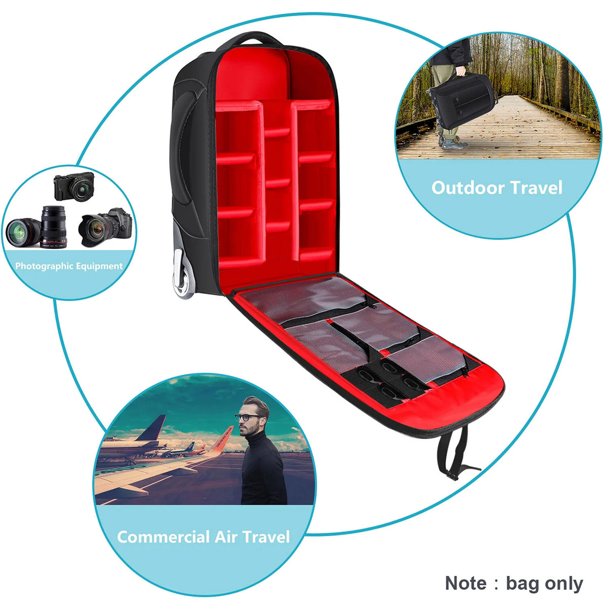 Valija con ruedas Neewer 2-in-1 Convertible con ruedas Backpack/Luggage Trolley (Negro/Rojo) - contenido de la caja
