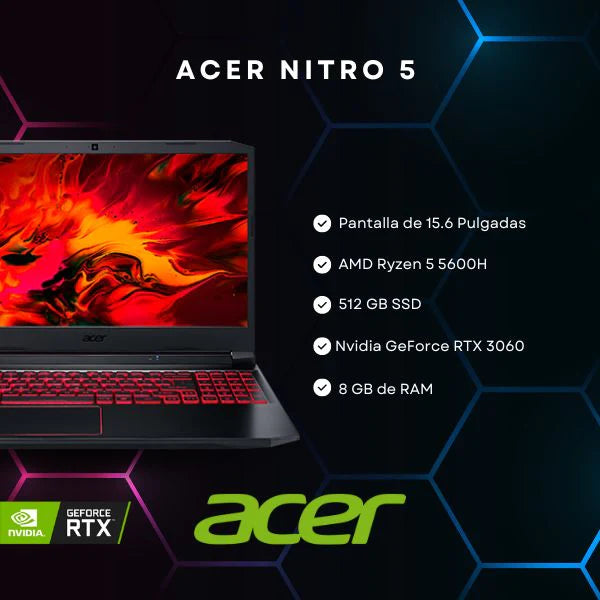 Laptop Acer Nitro 5 15.6" FHD 144Hz IPS AMD Ryzen 5 5600H NVIDIA GeForce RTX 3060 8GB Disco 512GB NVMe SSD Wi-Fi 6