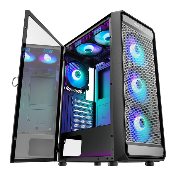 Case MUSETEX ATX PC 6pcs ARGB Fans, Gaming Type-C Port USB 3.0, Mid Tower Mesh Front Panel and Tempered Glass Side Y4